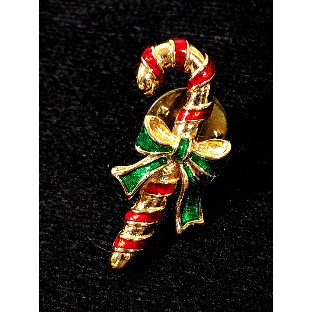 Vintage‎ Avon Christmas Candy Cane Gold Tone Red Green Bow Small PIn